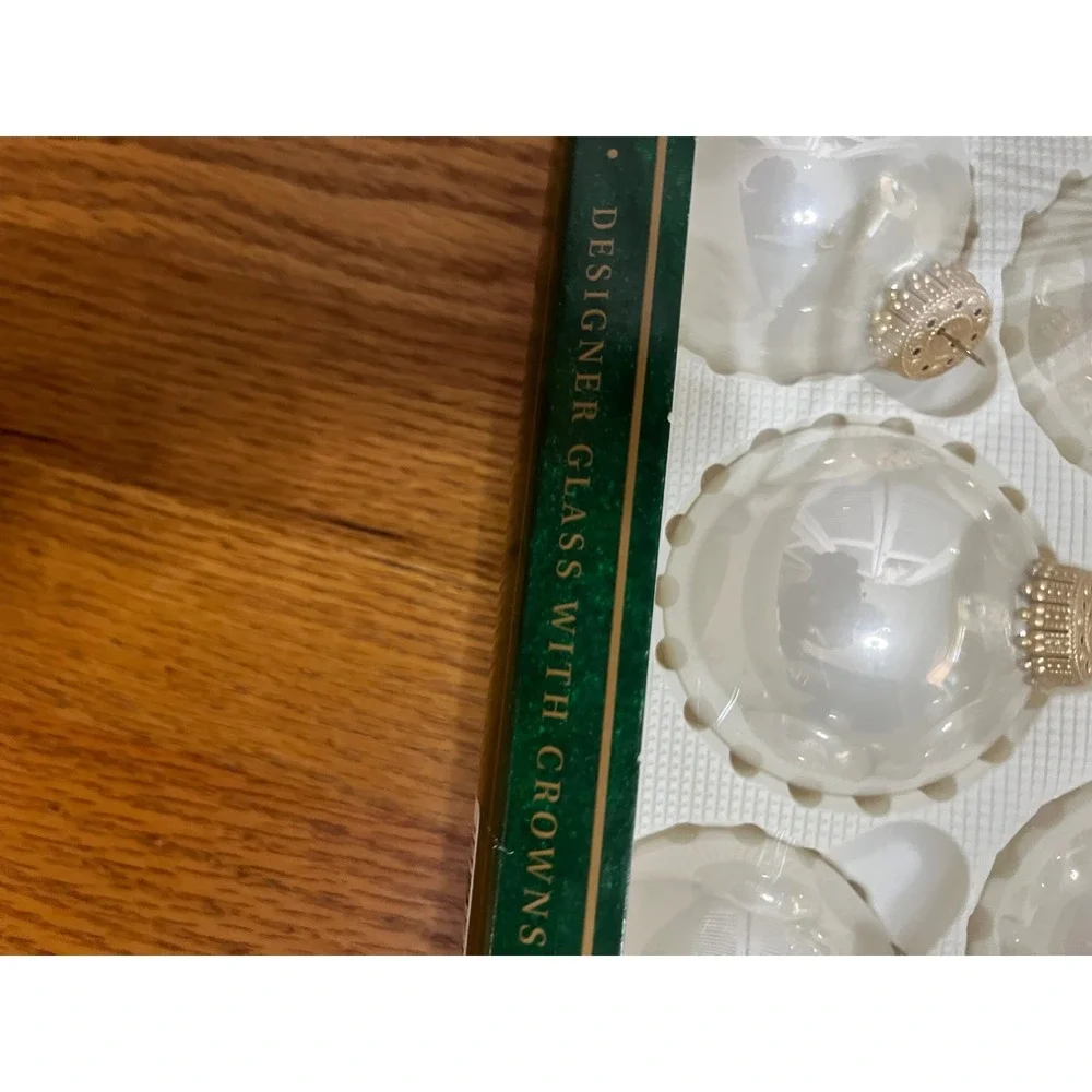 Vtg Christmas by Krebs Designer Glass Ornaments Iridescent White Gold Crowns  8